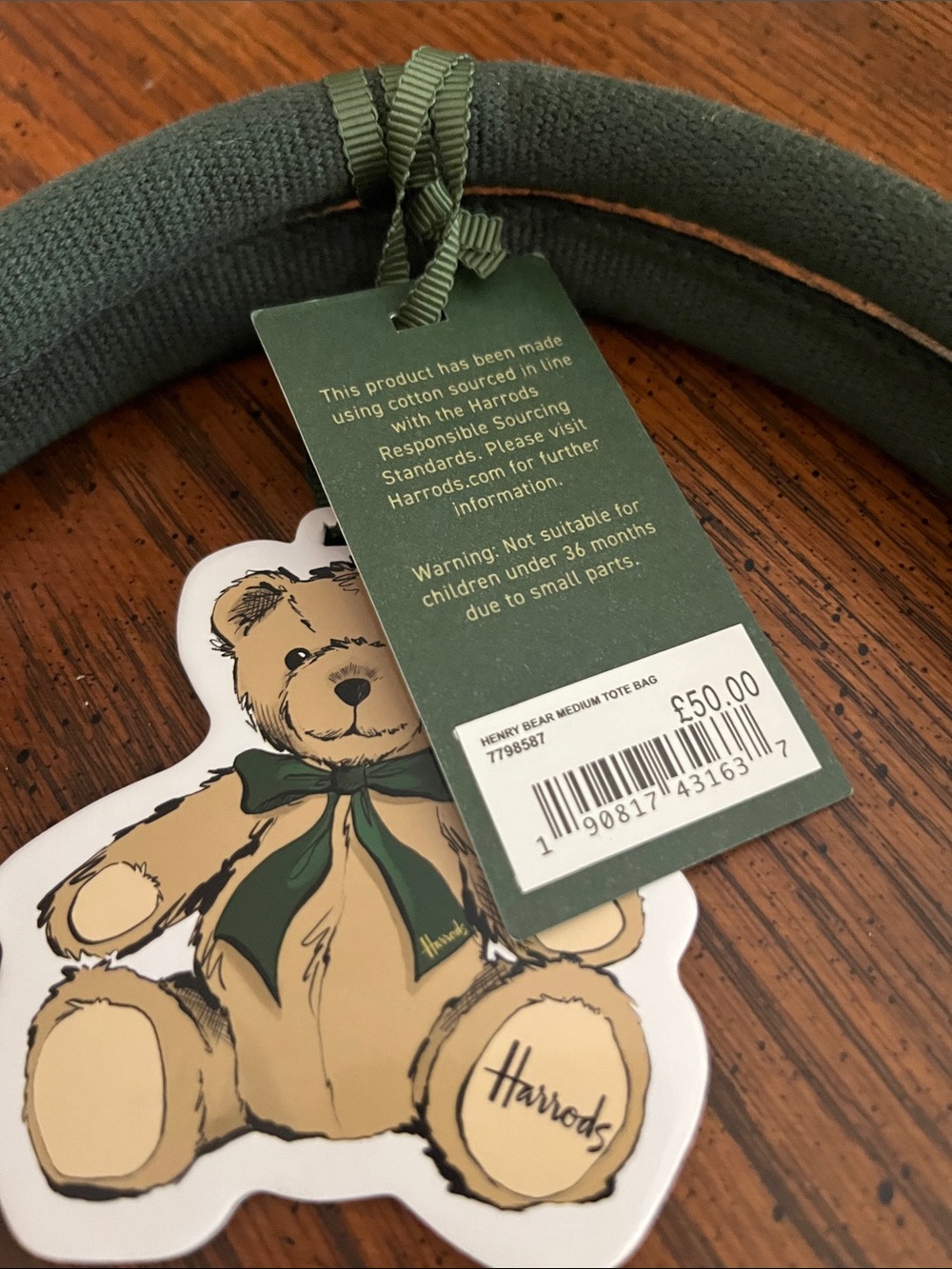 Harrods Green Canvas Tote with Teddy Bear Print - Picture 13 of 13